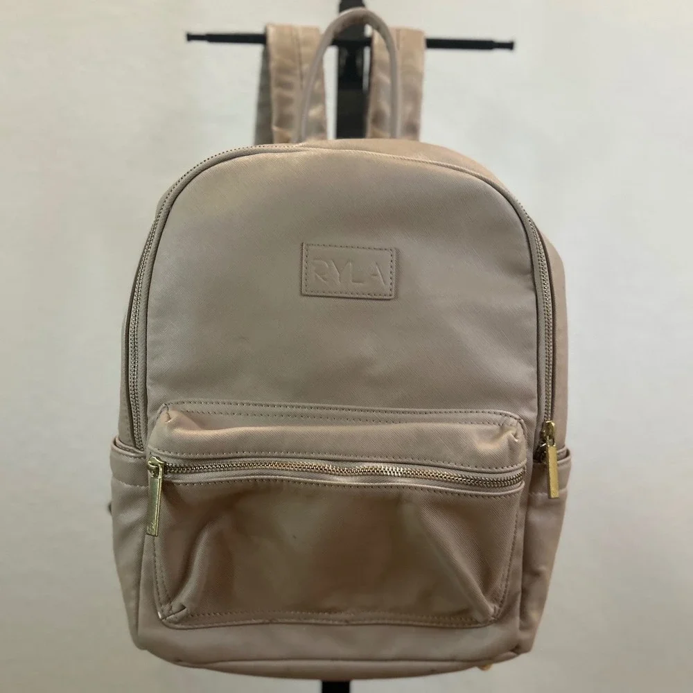 RYLA Diaper Bag Backpack Beige Vegan Leather Gold Hardware Neutral Minimalist